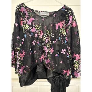 Jessica Howard Woman Vintage Sheer Floral Blouse w/Satin Waistband & Side Tie XL